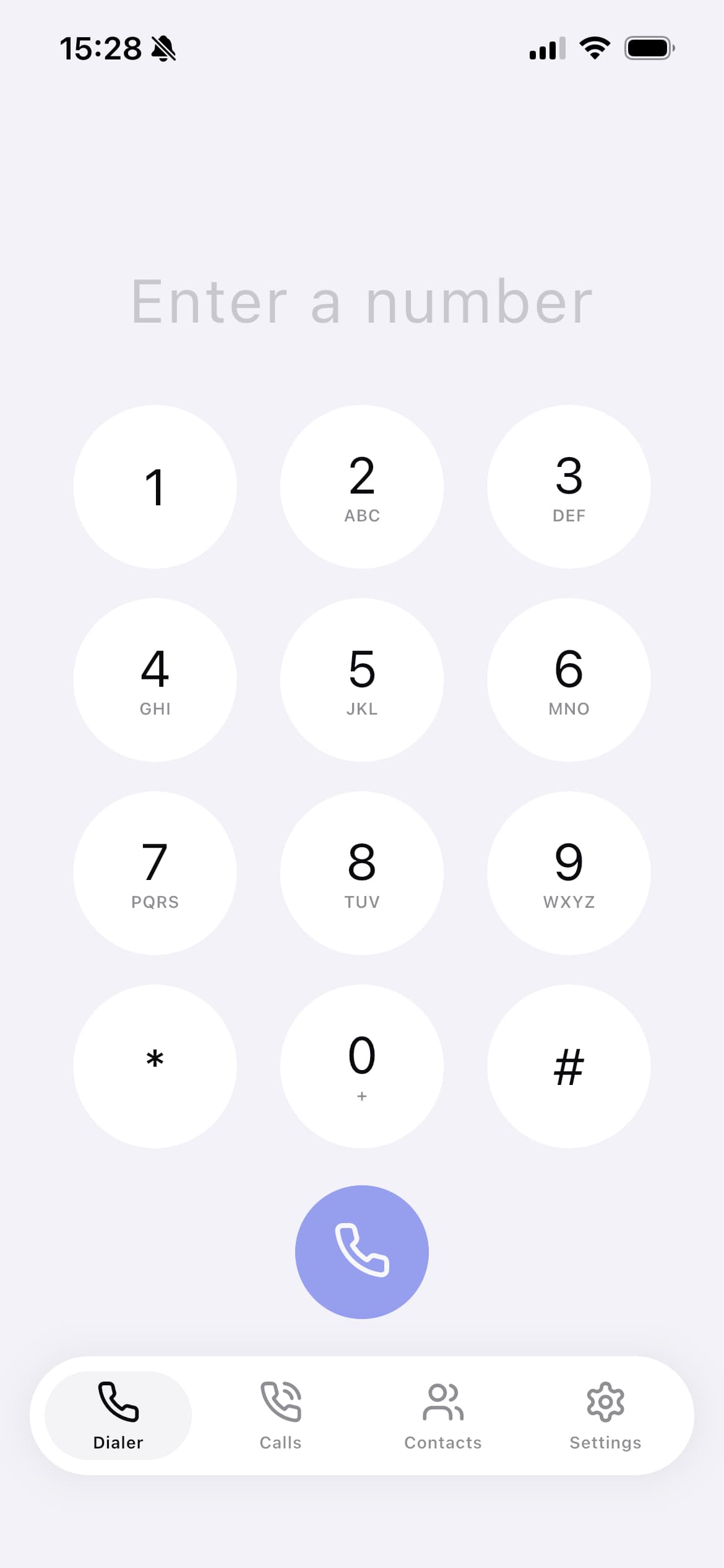 VoipMe dialer screen — number pad with prominent call button